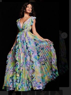 Jovani Multicolor Pleated Ruffle Maxi Dress - Yellow, Green, Purple, Blue